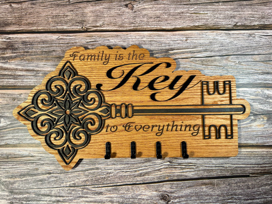Family Is the Key Decorative Wooden Key Hanger with Hooks in Silver or Black