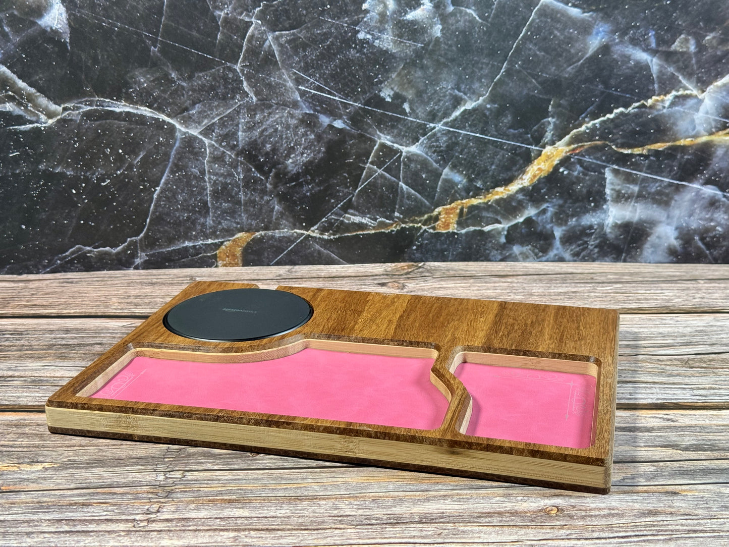 Bamboo Carved Valet Tray with Leatherette Inserts - Father’s Day Gift