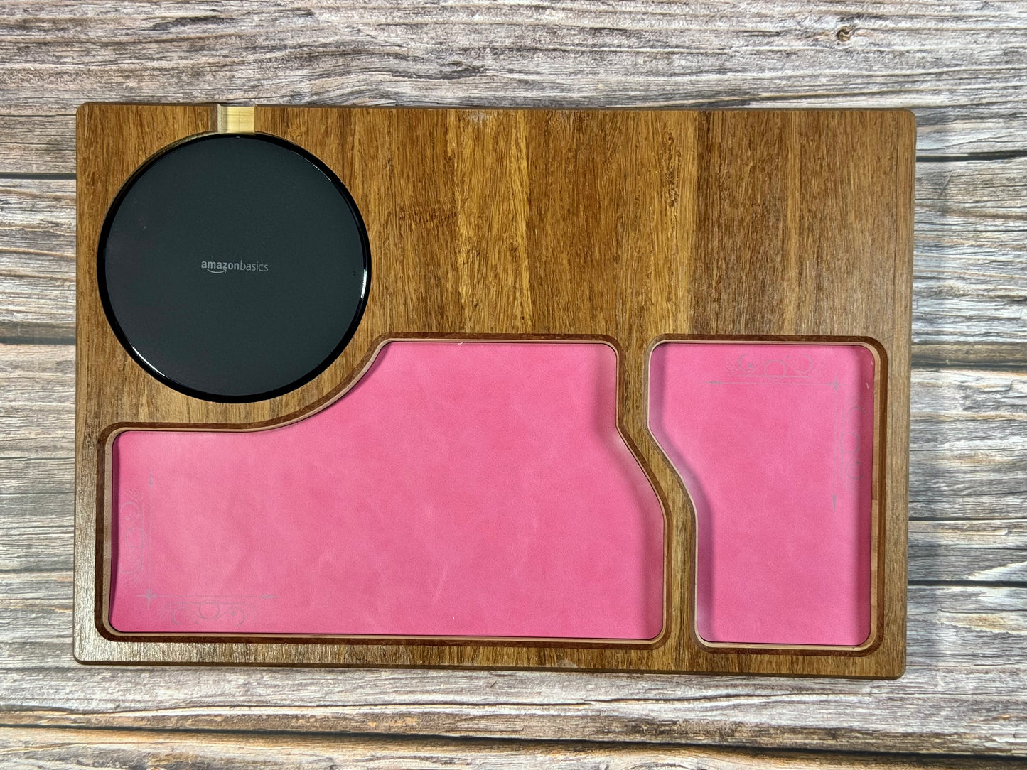 Bamboo Carved Valet Tray with Leatherette Inserts - Father’s Day Gift