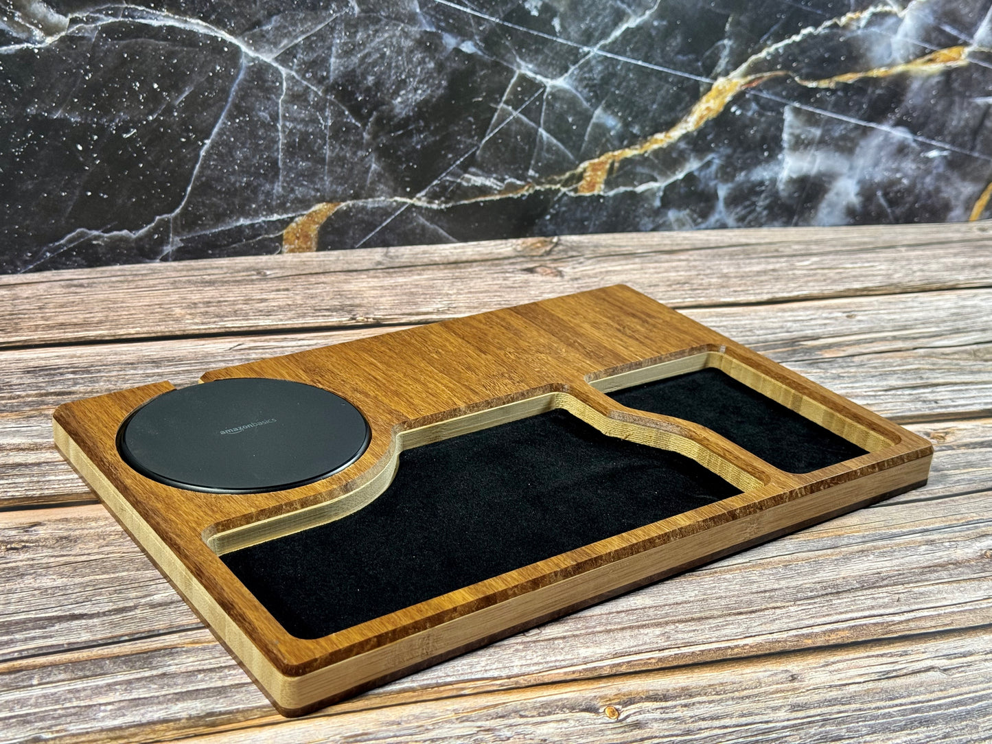 Bamboo Carved Valet Tray with Leatherette Inserts - Father’s Day Gift