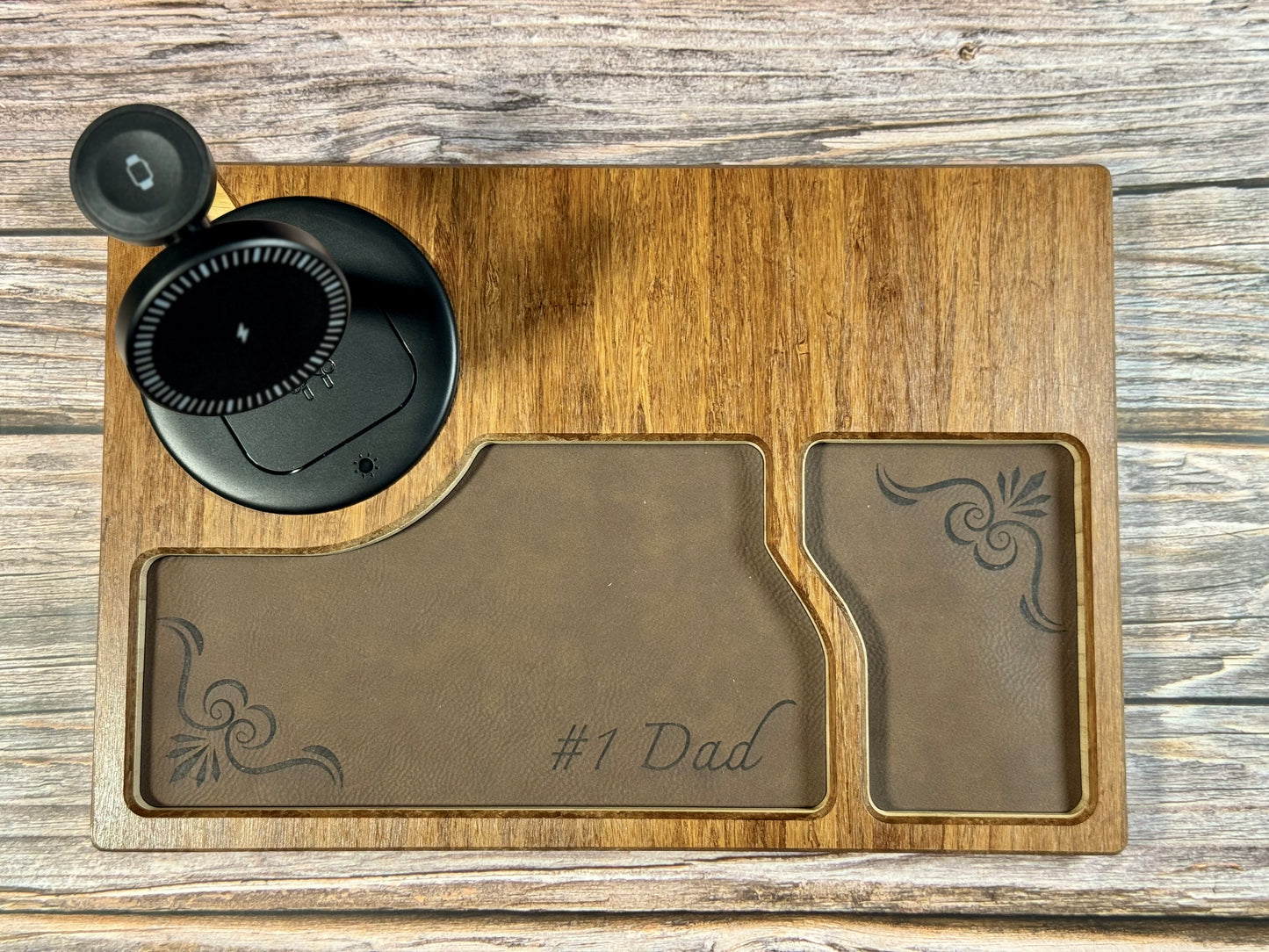 Bamboo Carved Valet Tray with Leatherette Inserts - Father’s Day Gift