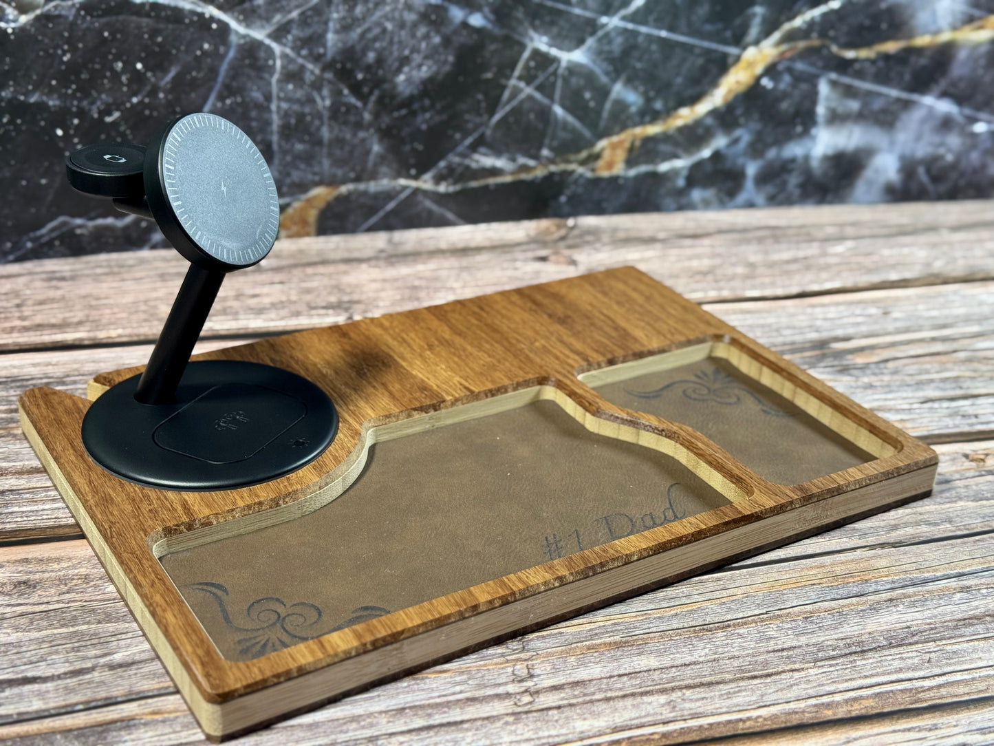 Bamboo Carved Valet Tray with Leatherette Inserts - Father’s Day Gift