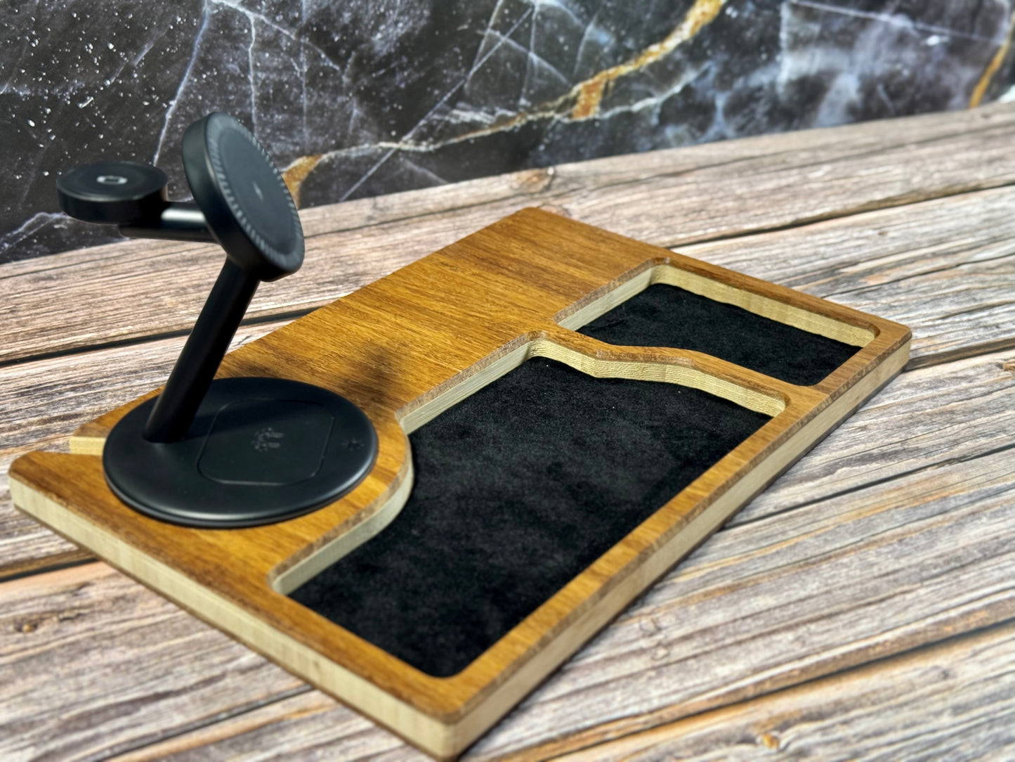 Bamboo Carved Valet Tray with Leatherette Inserts - Father’s Day Gift