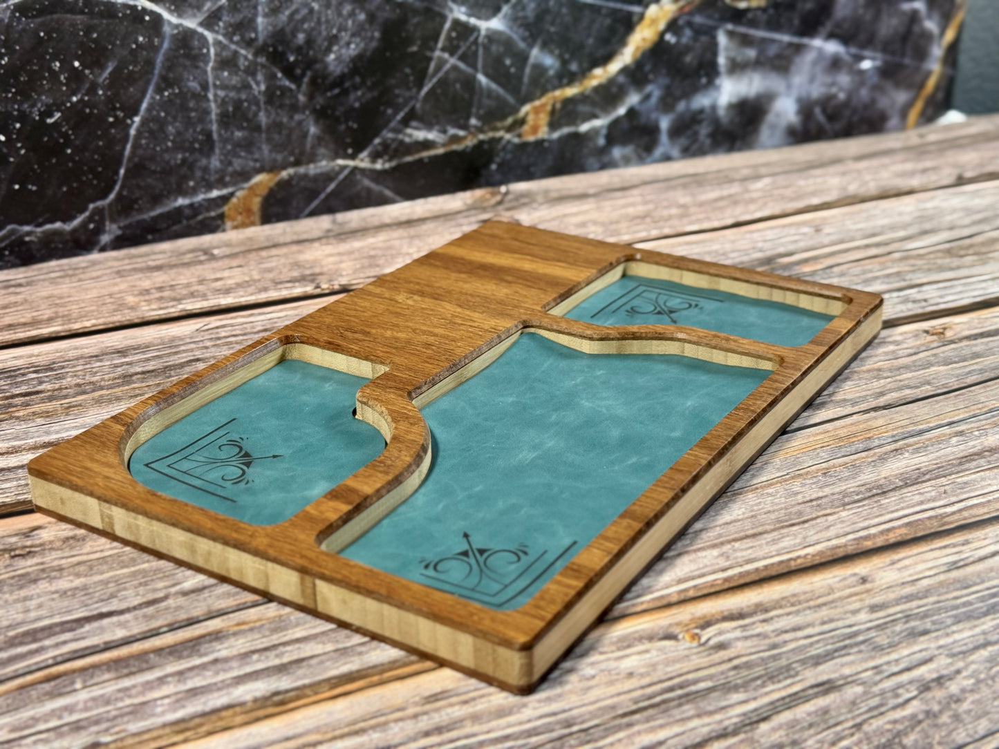 Bamboo Carved Valet Tray with Leatherette Inserts - Father’s Day Gift