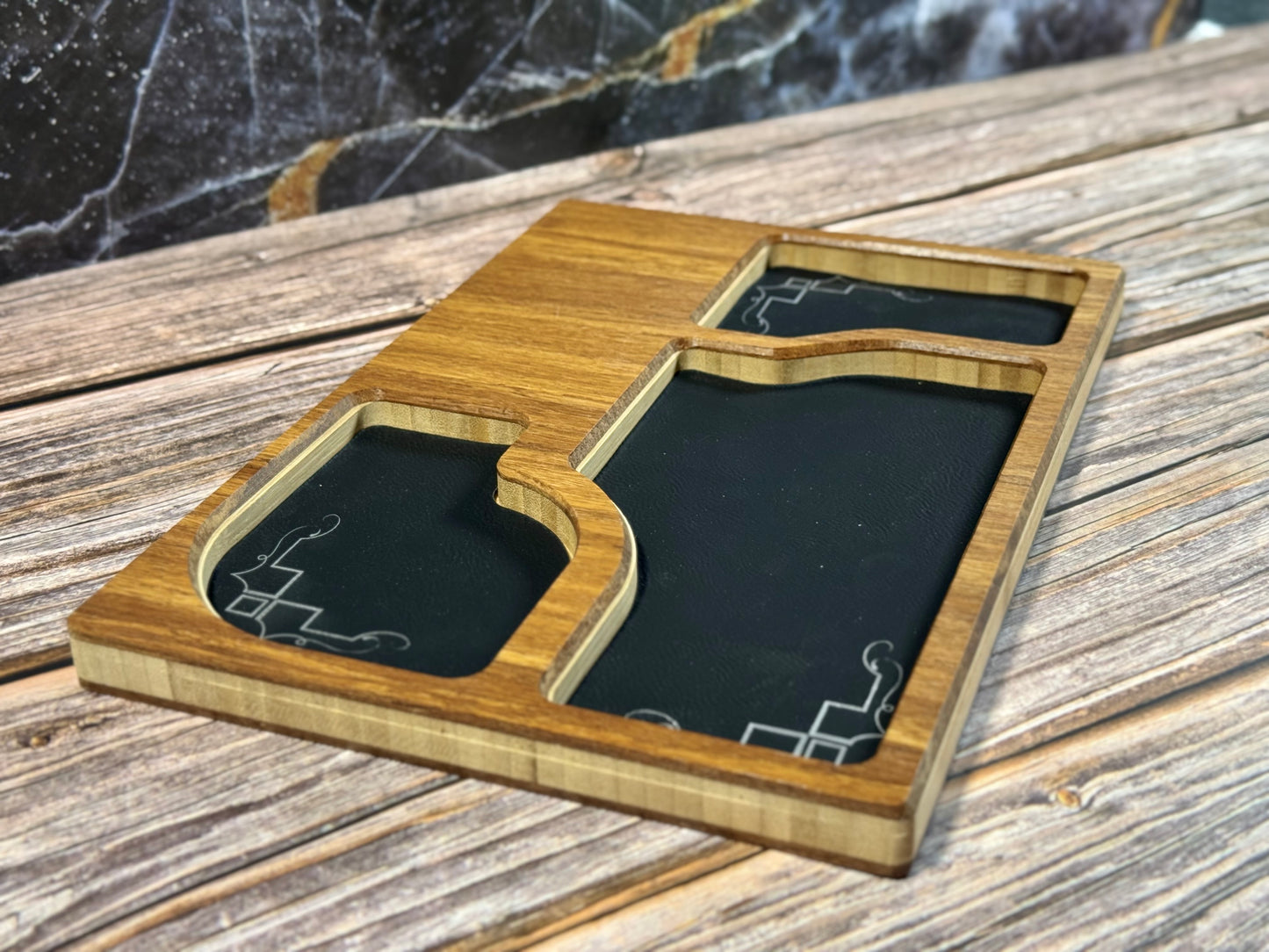 Bamboo Carved Valet Tray with Leatherette Inserts - Father’s Day Gift