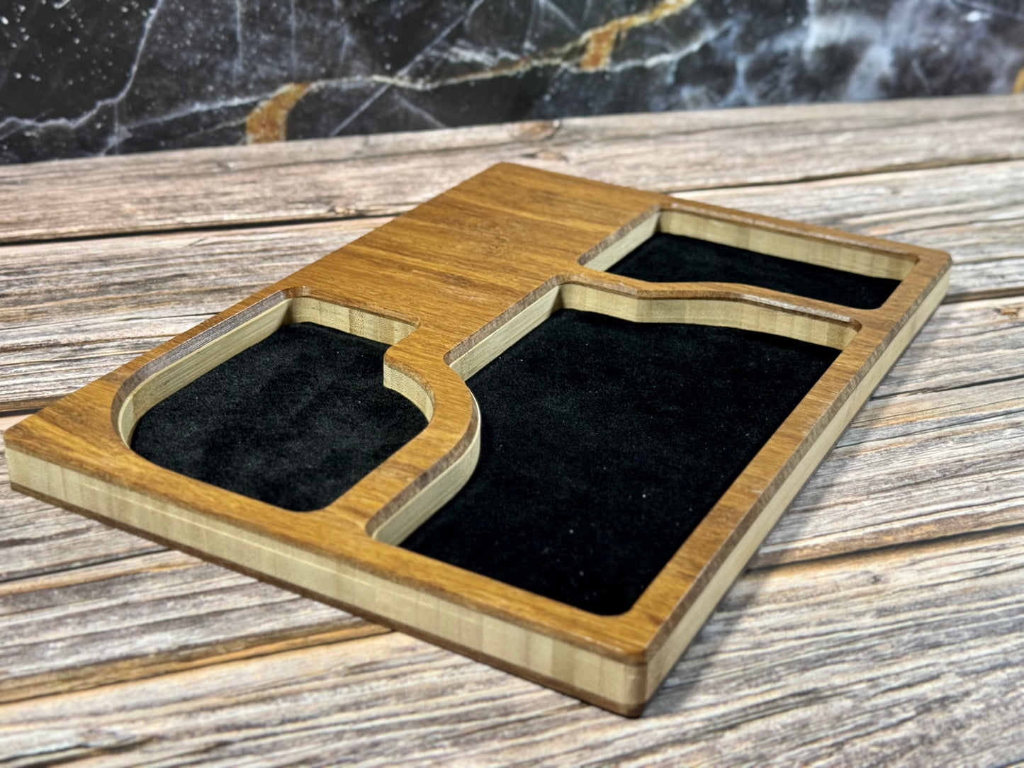 Bamboo Carved Valet Tray with Leatherette Inserts - Father’s Day Gift
