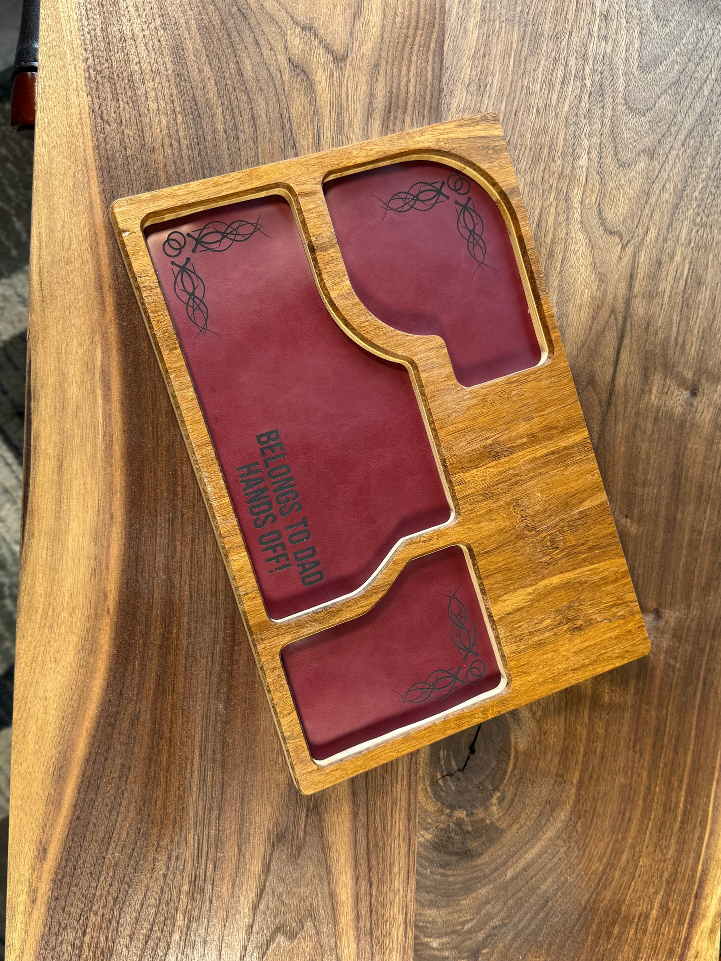 Bamboo Carved Valet Tray with Leatherette Inserts - Father’s Day Gift