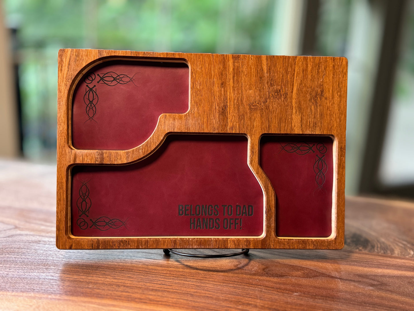 Bamboo Carved Valet Tray with Leatherette Inserts - Father’s Day Gift