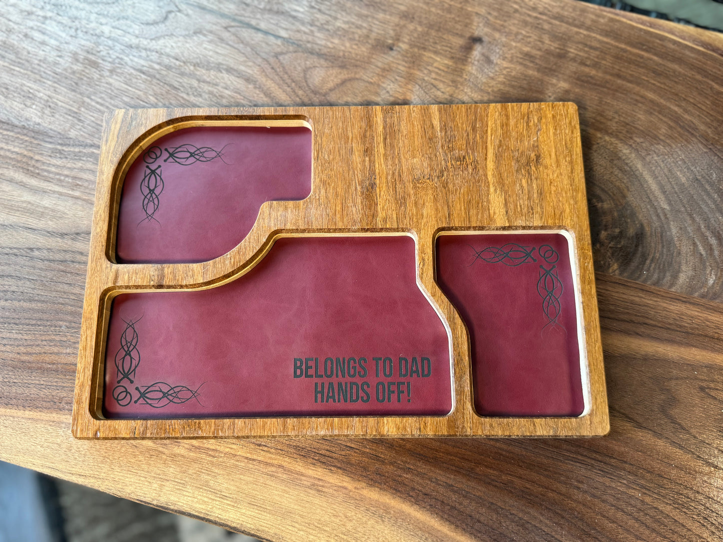 Bamboo Carved Valet Tray with Leatherette Inserts - Father’s Day Gift