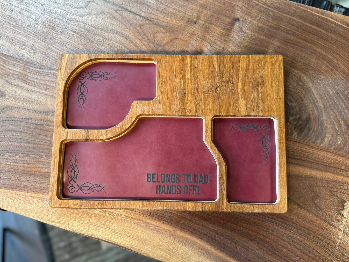 Bamboo Carved Valet Tray with Leatherette Inserts - Father’s Day Gift