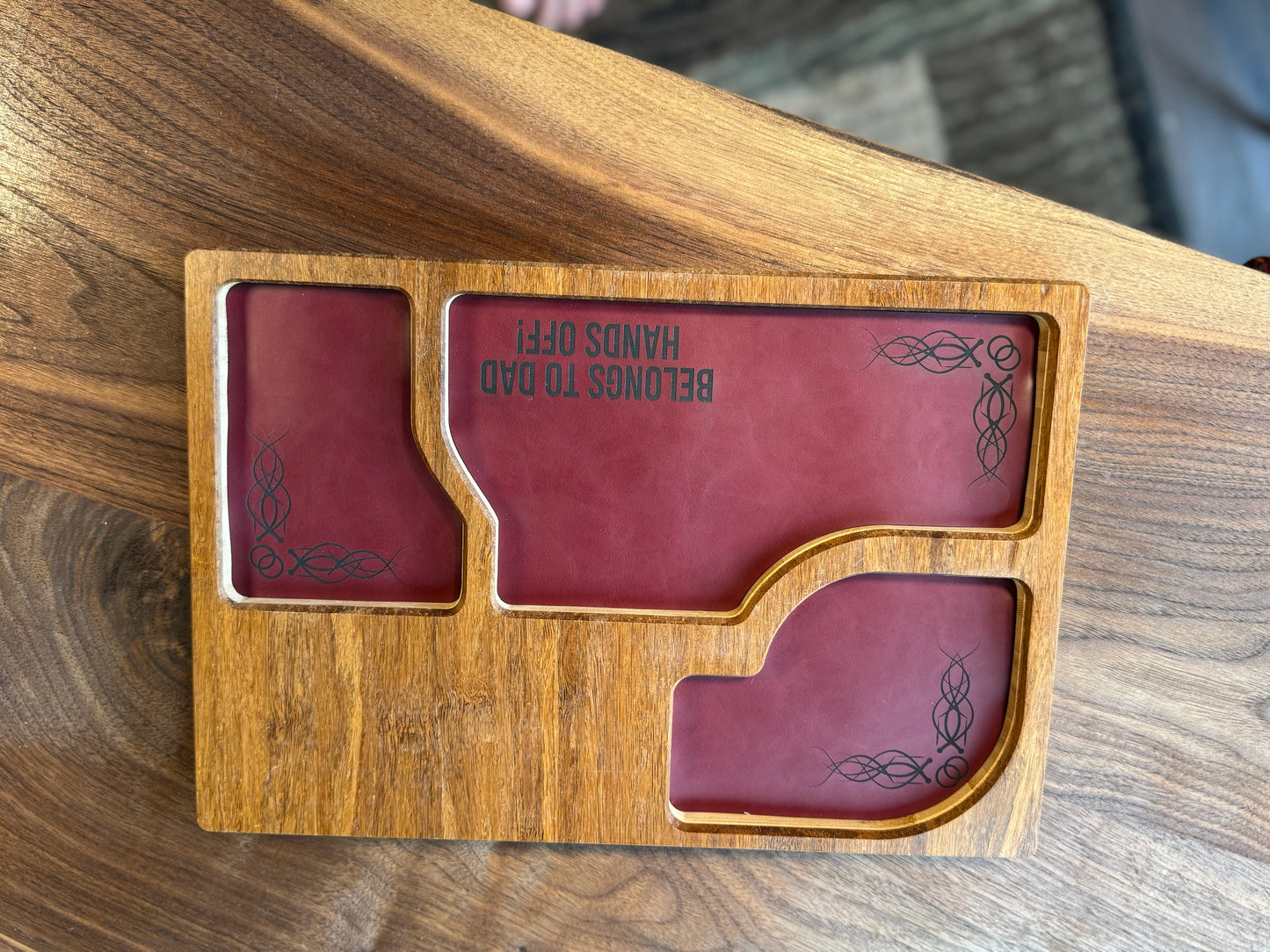 Bamboo Carved Valet Tray with Leatherette Inserts - Father’s Day Gift