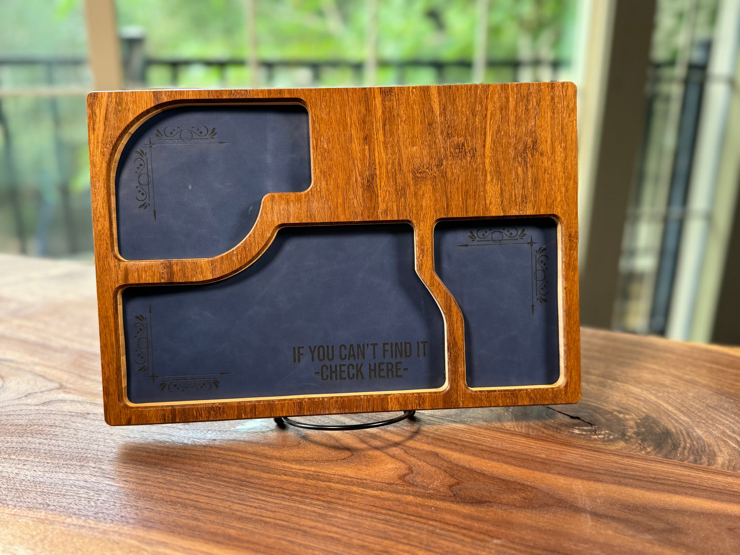 Bamboo Carved Valet Tray with Leatherette Inserts - Father’s Day Gift