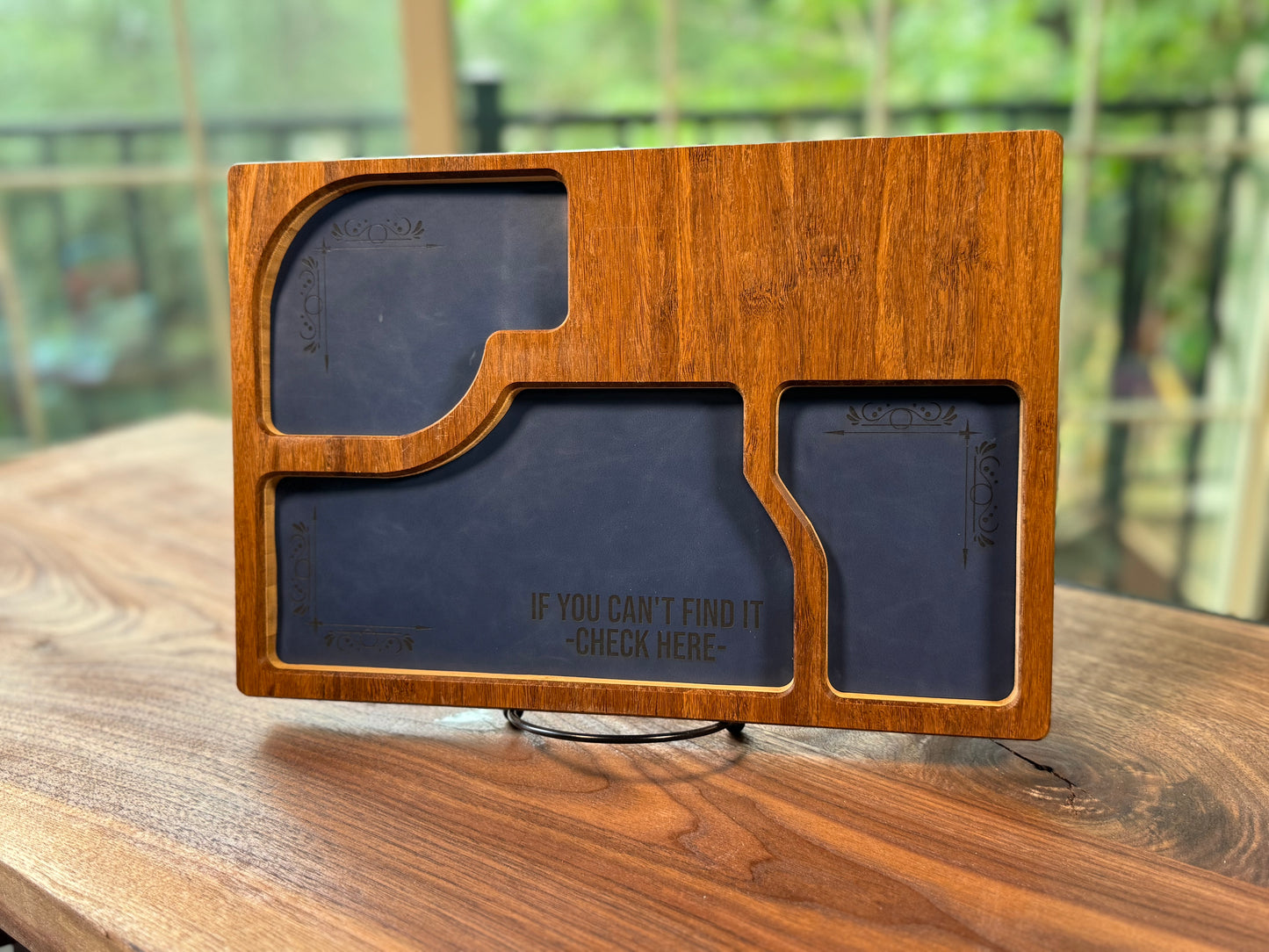 Bamboo Carved Valet Tray with Leatherette Inserts - Father’s Day Gift