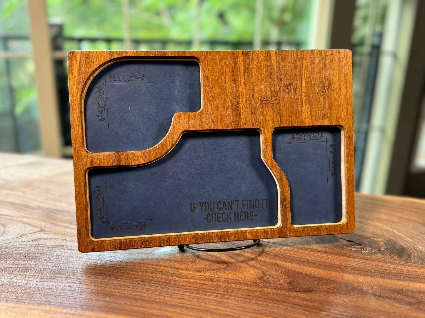 Bamboo Carved Valet Tray with Leatherette Inserts - Father’s Day Gift