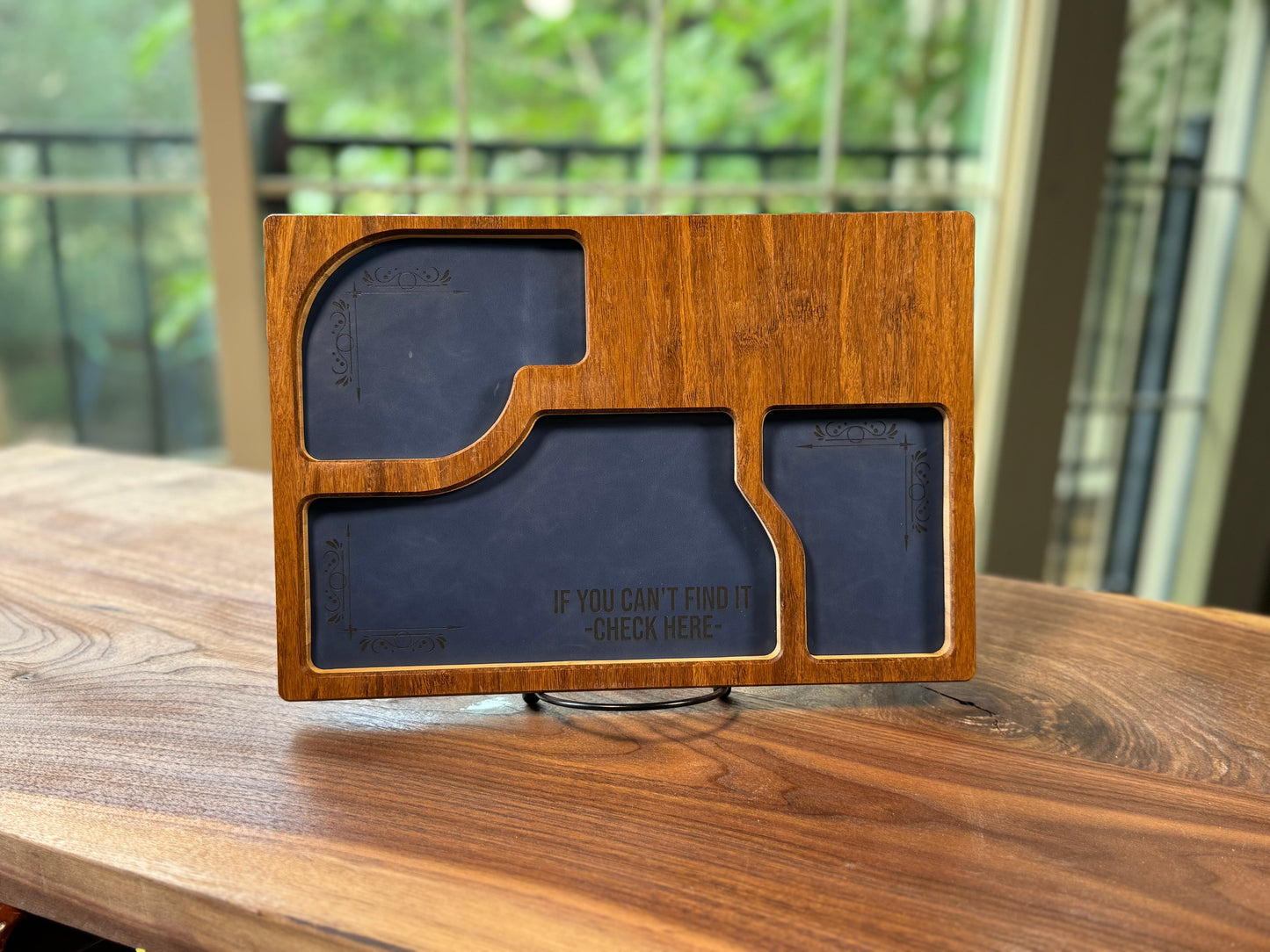 Bamboo Carved Valet Tray with Leatherette Inserts - Father’s Day Gift