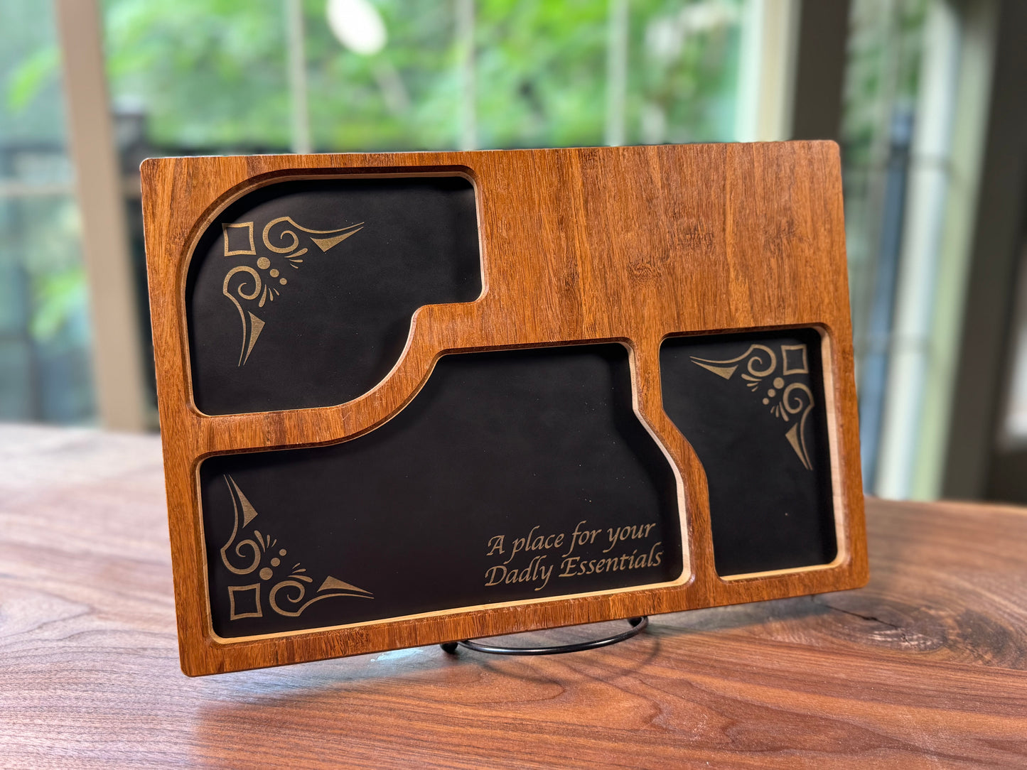 Bamboo Carved Valet Tray with Leatherette Inserts - Father’s Day Gift