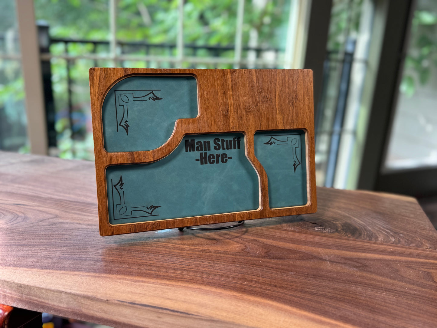 Bamboo Carved Valet Tray with Leatherette Inserts - Father’s Day Gift