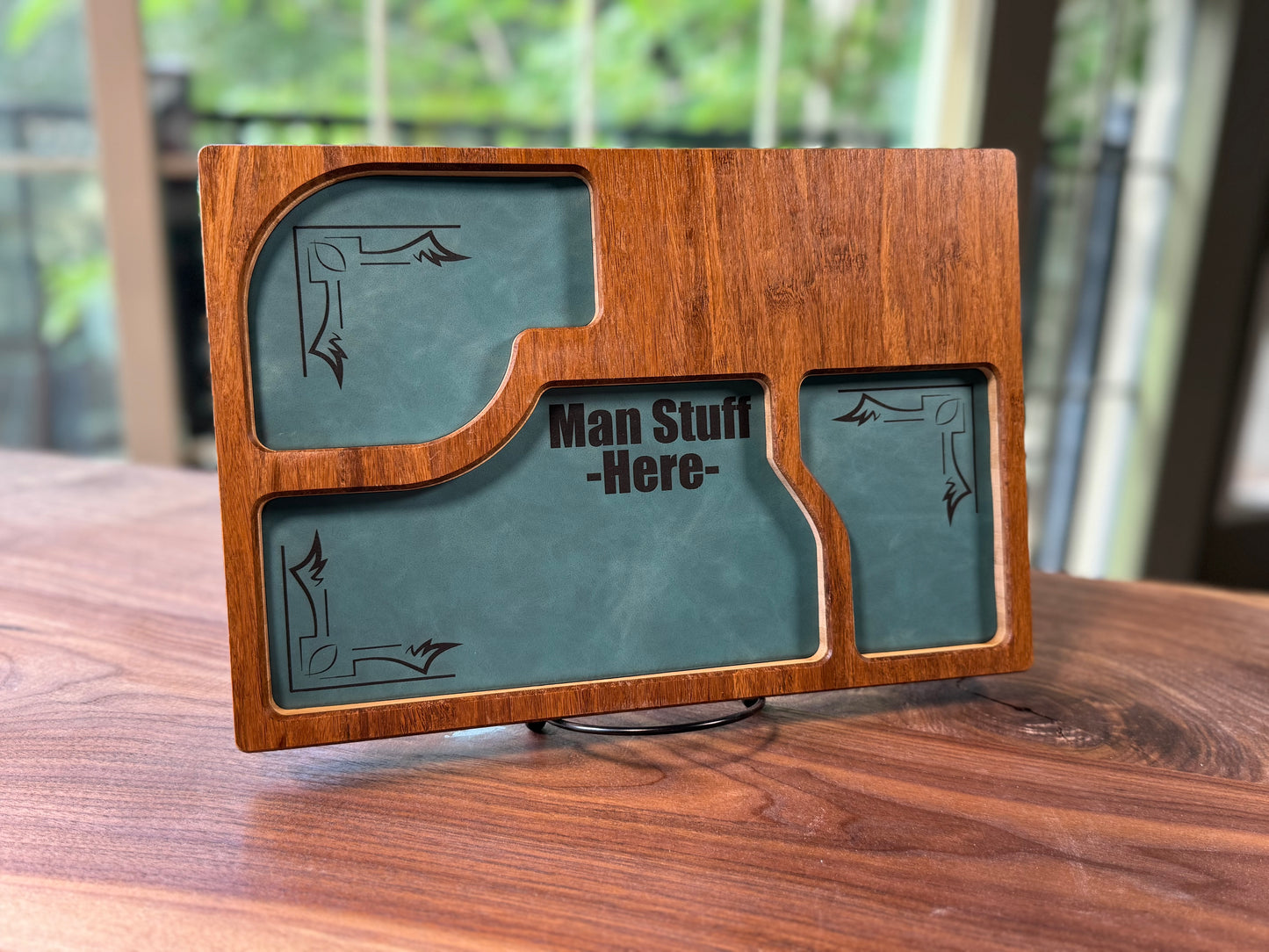 Bamboo Carved Valet Tray with Leatherette Inserts - Father’s Day Gift
