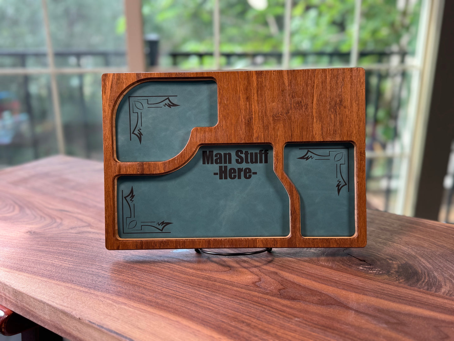 Bamboo Carved Valet Tray with Leatherette Inserts - Father’s Day Gift
