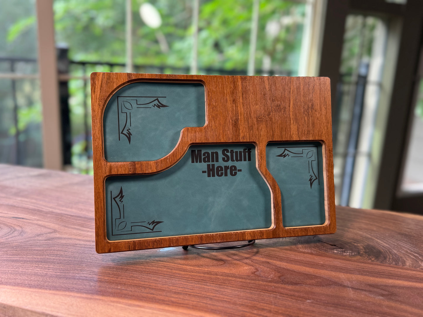 Bamboo Carved Valet Tray with Leatherette Inserts - Father’s Day Gift