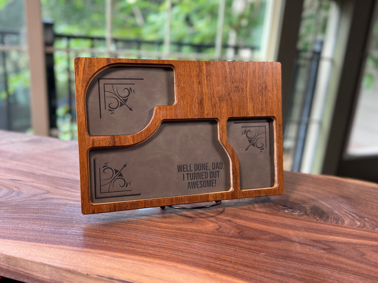 Bamboo Carved Valet Tray with Leatherette Inserts - Father’s Day Gift