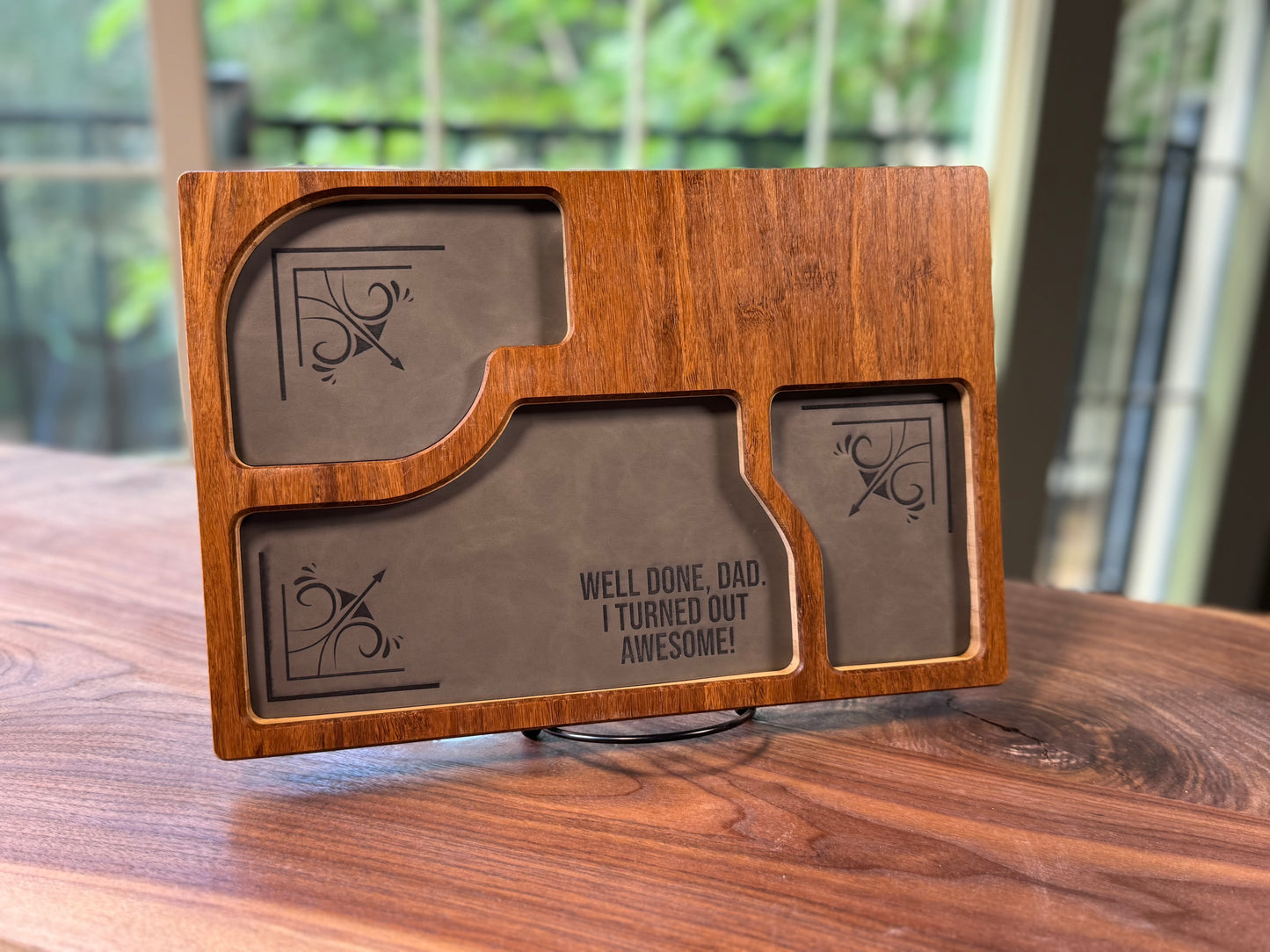 Bamboo Carved Valet Tray with Leatherette Inserts - Father’s Day Gift