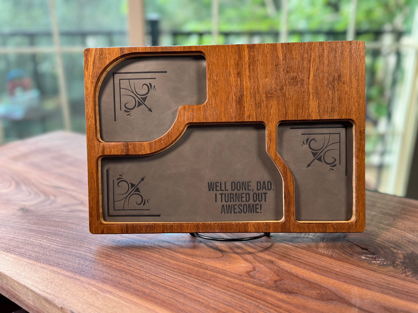 Bamboo Carved Valet Tray with Leatherette Inserts - Father’s Day Gift