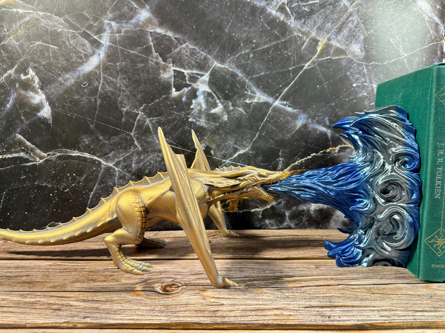 Fire Breathing Dragon Bookend Fantasy Shelf Decor in Fire or Ice Variants
