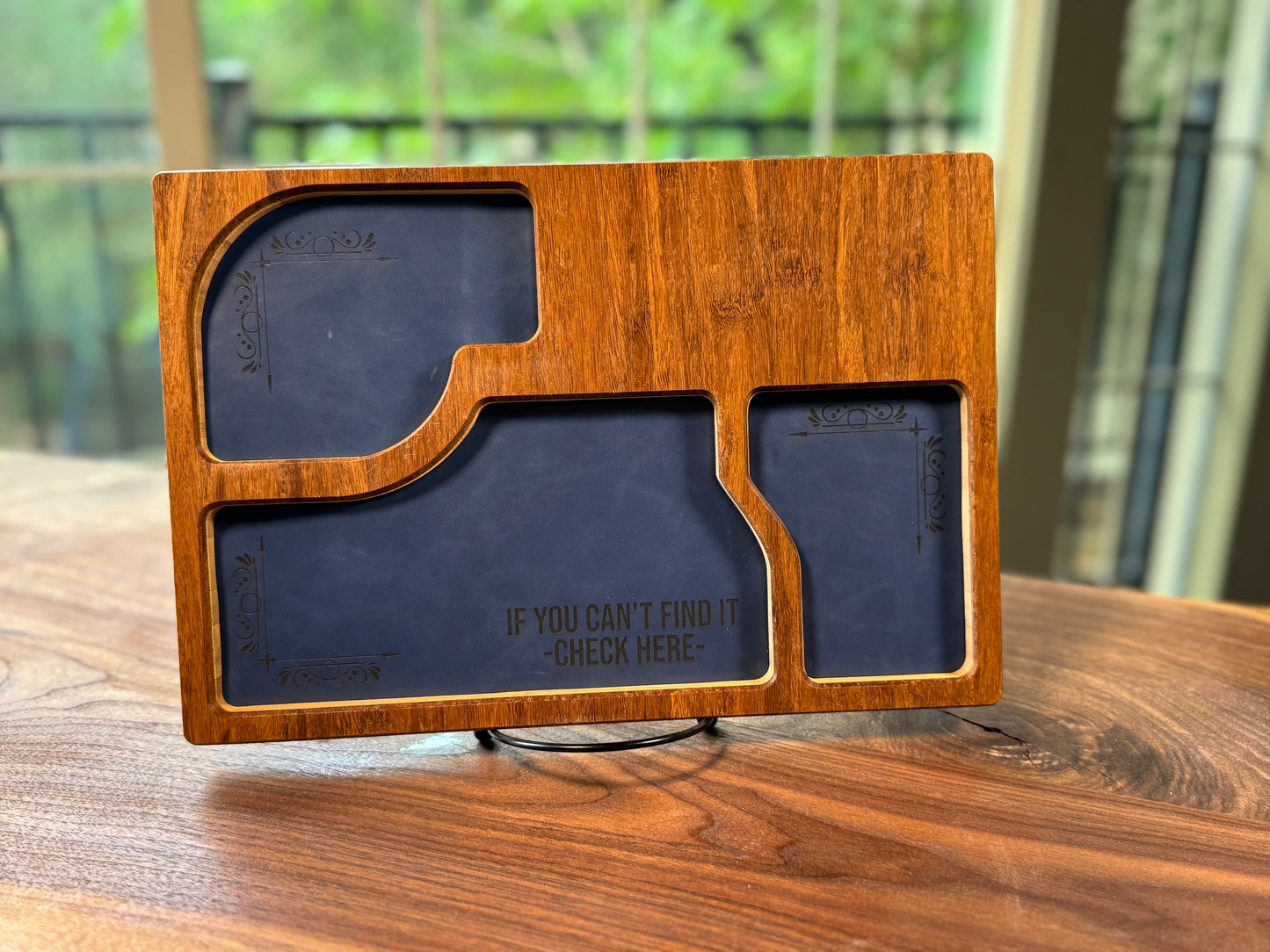 Bamboo Carved Valet Tray with Leatherette Inserts - Father’s Day Gift